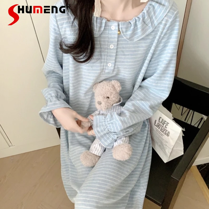 

Sweet Long Sleeve Velvet Nightdress for Women Autumn Winter Doll Collar Striped Sleepshirts Female Thickened Warm Nightgowns