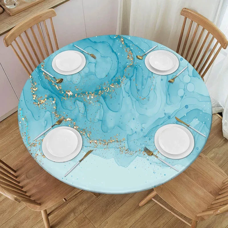 

Golden Ink Fluid Round Fitted Tablecloth Marble Elastic Edged Waterproof Table Cloth Dining Table Decoration Accessorie Indoor