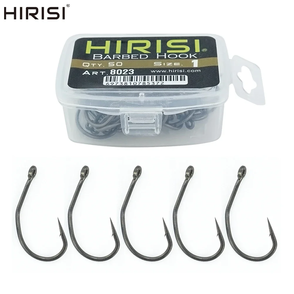 Hirisi 50pcs PTFE Coating High Carbon Stainless Steel Barbed Hooks Fishing Hooks Fishing Accessories 8023