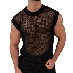 Bodybuilding Vest Mens See-through T Shirt Brand New Crew Neck Four Seasons Regular Length For Party Nightclubs