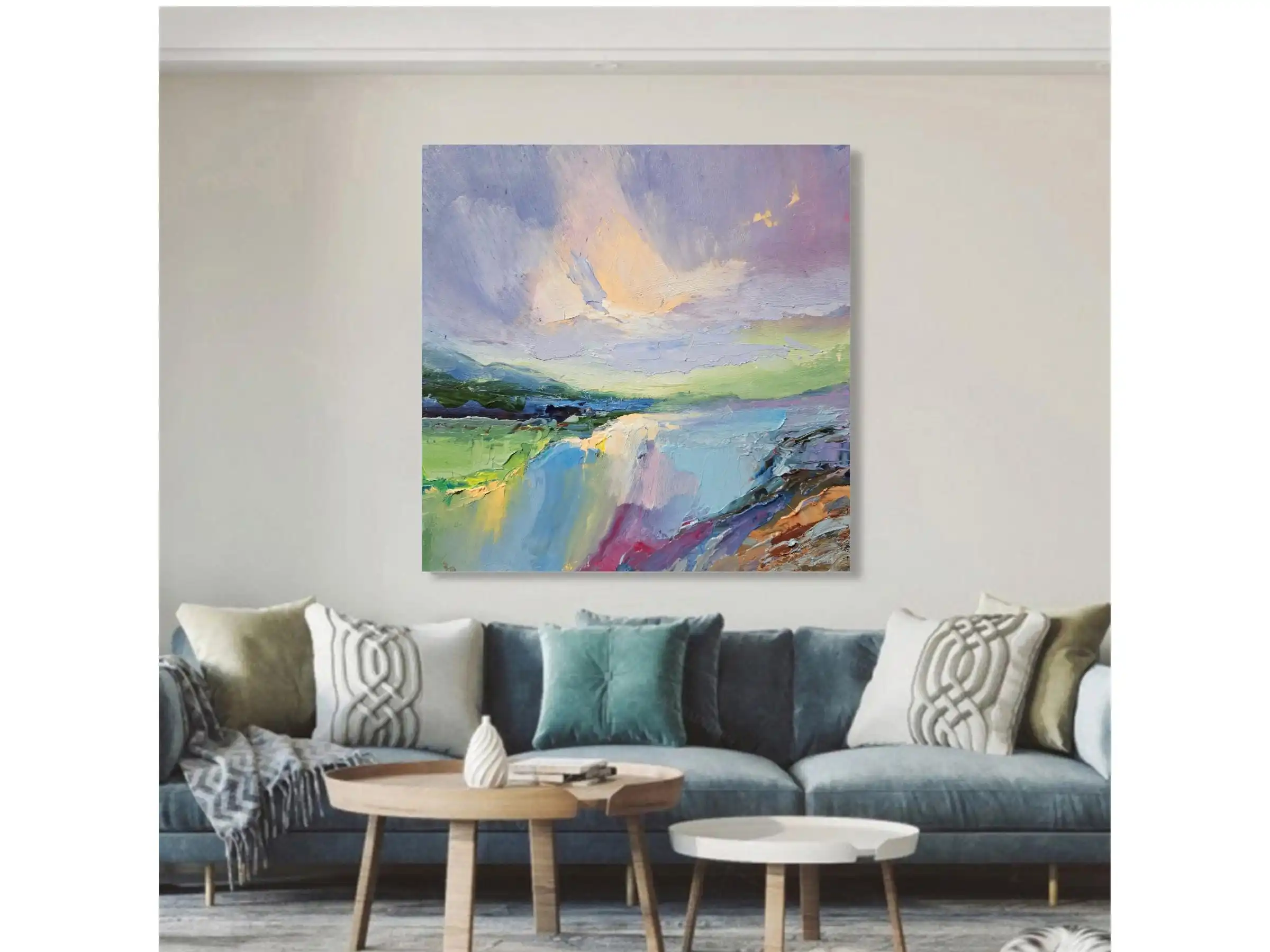 New abstract large size 100% handmade oil painting pink sunset and blue Impressionist landscape painting for living room decora