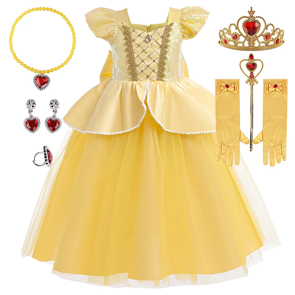 Crianças Princesa Estilo Cosplay Vestidos com Acessórios, Belle Meninas, Carnaval, Festas de Aniversário, Fancy Dance Performance Roupas