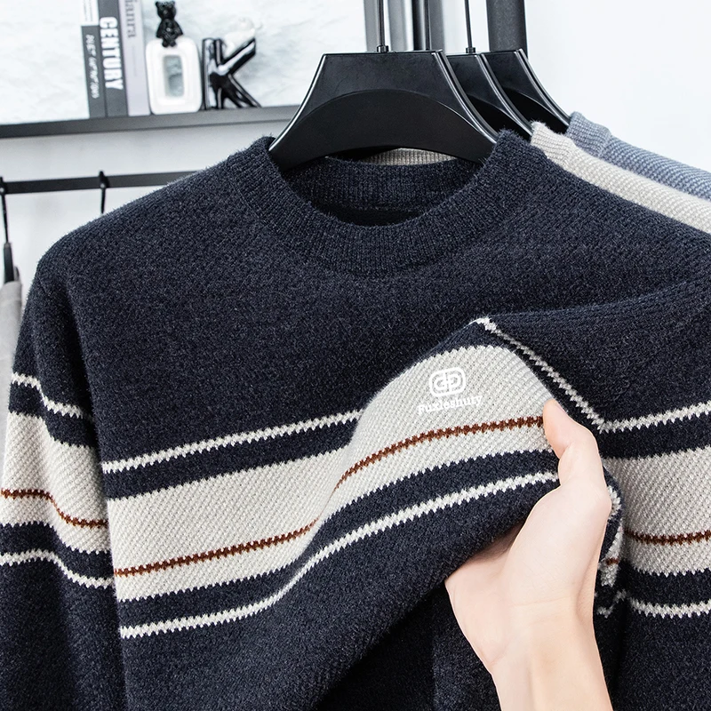 

High Quality Winter Men's Mink Fur Round Neck Integrated Velvet Knitted Sweater with Thick Velvet and Warm Base Layer