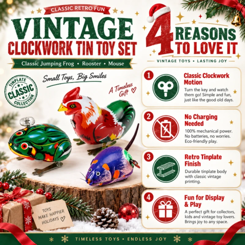 Retro Xmas Clockwork Tinplate Animal Toy Collection, Hand‑Wound Spring‑Powered Figurine, Vintage Hobby Decor for Holiday Present