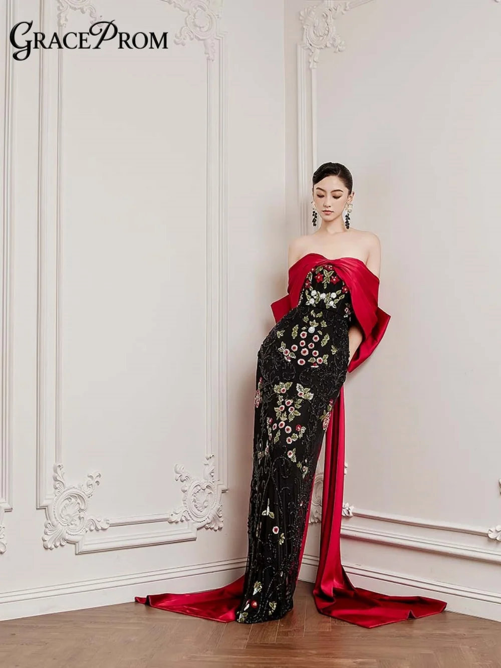 Stunning Black Red Contrast Party Dress 2026 Off Shoulder Satin Drape Floral Train Evening Gown For Wedding Guests فساتين سهرة