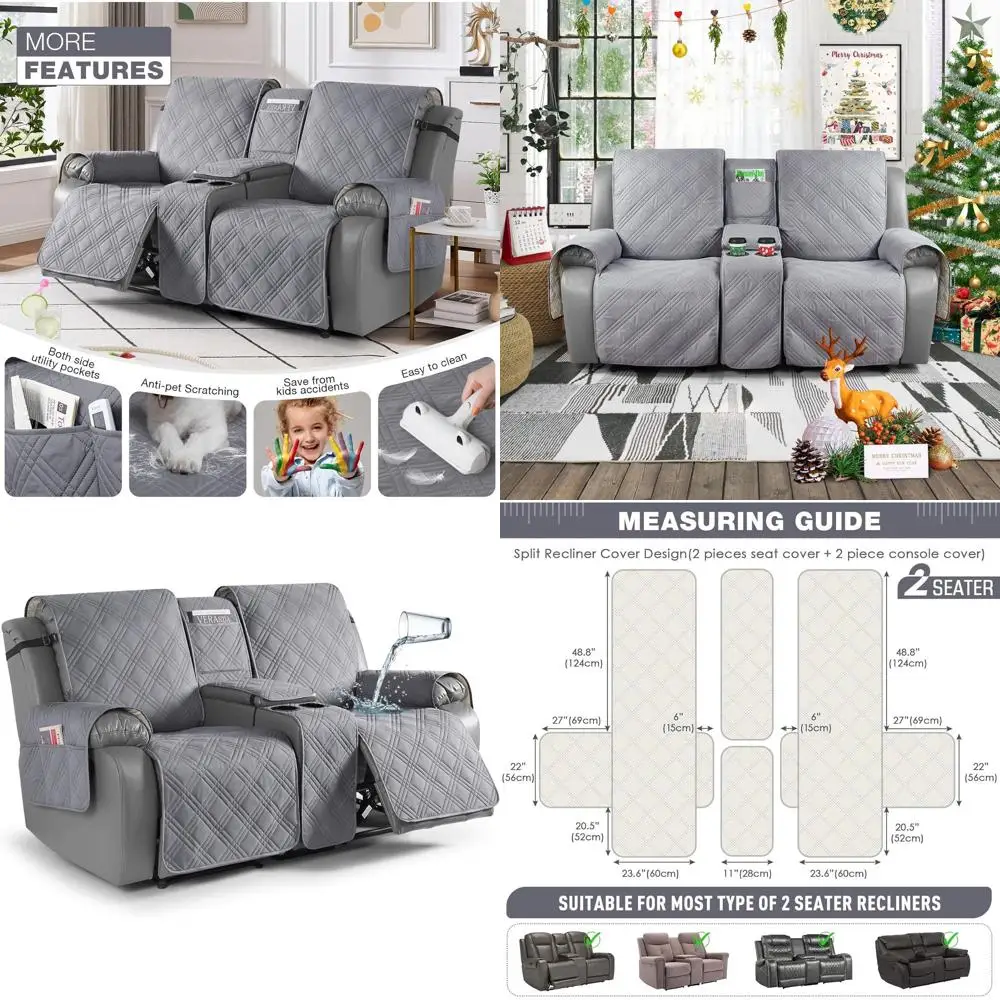 

Waterproof Dual Recliner Loveseat Cover with Center Console, Pet-Friendly Furniture Protector for 2 Seats, Gray