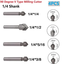 V溝付きルータービットのセット,1/4インチのシャンク,90度,CNC彫刻,ドリルビット,木工,フライス加工,電動工具,4個