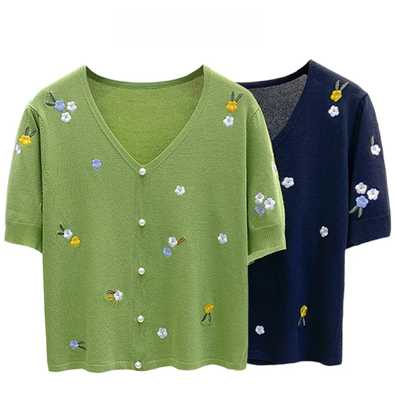 

Cara CLUB plus Size Women's Short Sleeve Knitwear V-Neck Embroidered Ice Silk Summer Fashionable Youthful Looking Top