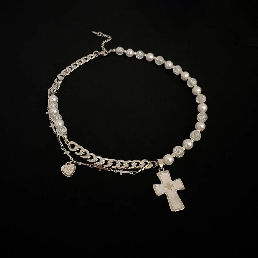 التيتانيوم الصلب الصليب الحب قلادة مع فو اللؤلؤ سلسلة قلادة هدايا عيد الميلاد سترة سلسلة للنساء الفتيات مع صندوق هدية #5