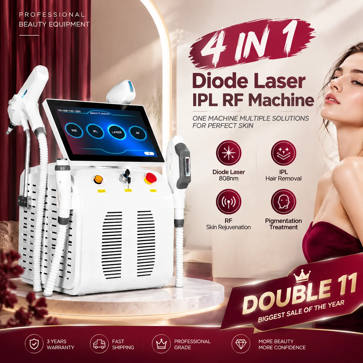 4 IN 1 Diode Laser IPL RF Machine 6 Wavelengths 808nm Hair Removal Skin Rejuvenation Cooling System Salon Beauty Equipment