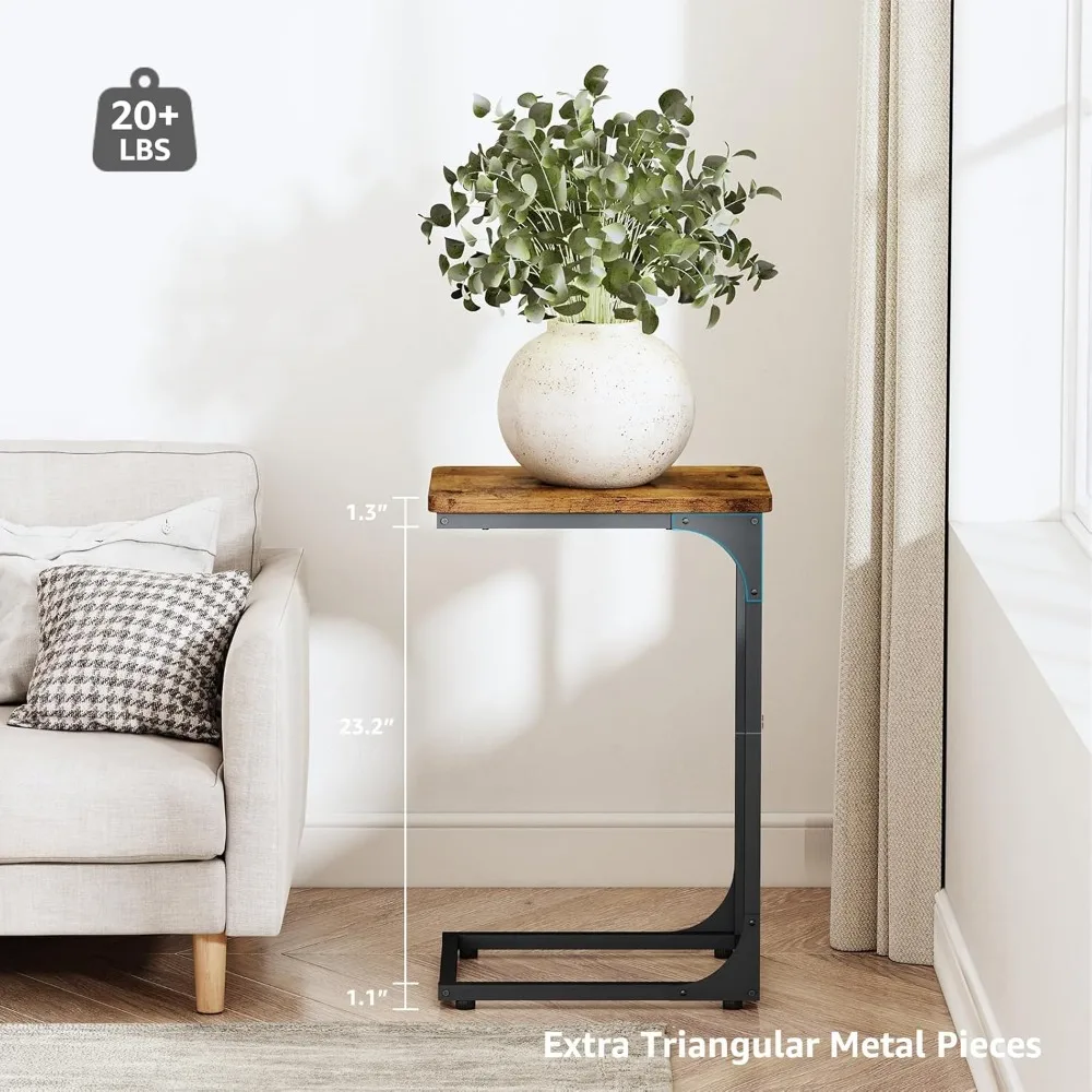 طقم طاولة جانبية على شكل حرف C مكون من قطعتين، طاولات نهاية بنية ريفية لغرفة المعيشة، تناسب تحت الأريكة