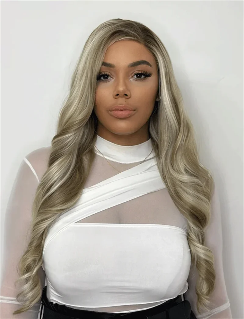 

Synthetic Lace Front Wig Platinum Wig Mix Blonde Highlights Synthetic Glueless Wig Body Wave High Quality Natural Hairline Wig