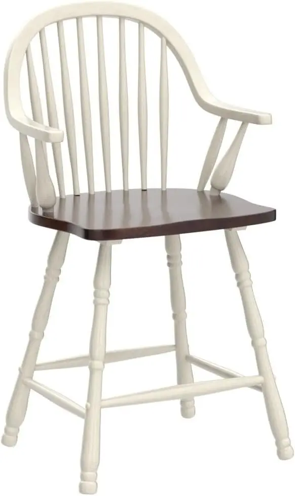 Andrews Windsor Barstool com braços, Counter Altura Stool, Branco Antigo e Castanha Brown, Conjunto de 2, 24"