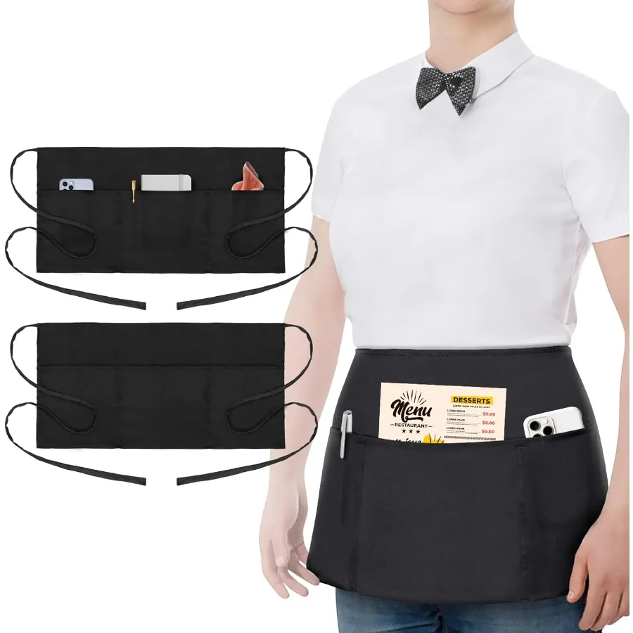 

2 Pack Waitress Apron with 3 Pockets - Water and Oil Resistant - Black Waist Aprons for Servers - Half Aprons for Women - 12 Ih