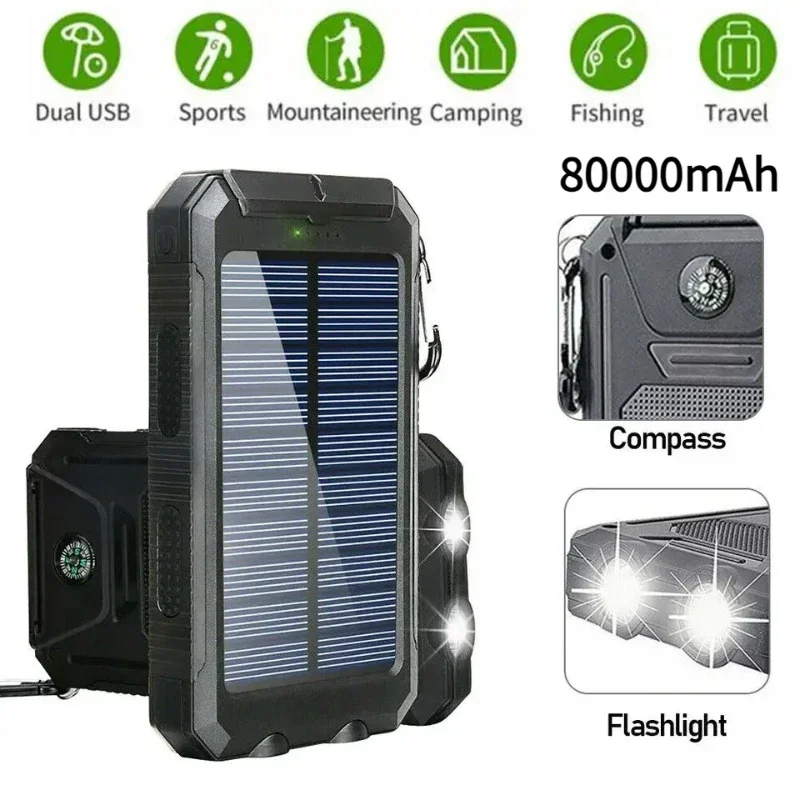 80000mAh Solar Power Bank Waterproof Portable Charger Digital Display External Battery 2 USB LED for Xiaomi Samsung IPhone