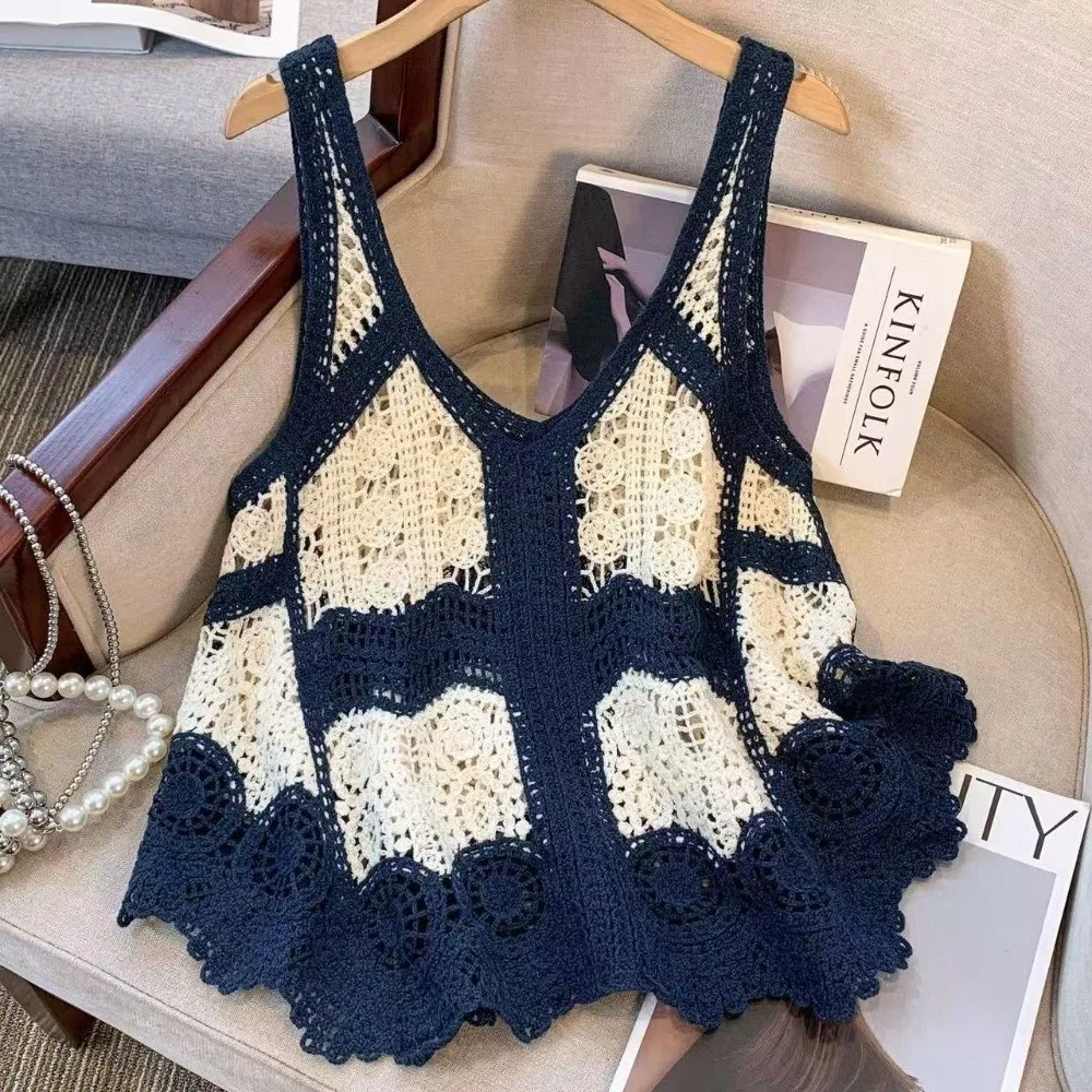 Versatile Hollowed Out Vest Dress Printed Knit Crochet Sleeveless Cover Up Ethnic Loose Bohemian Vest For Summer Beach Vacation