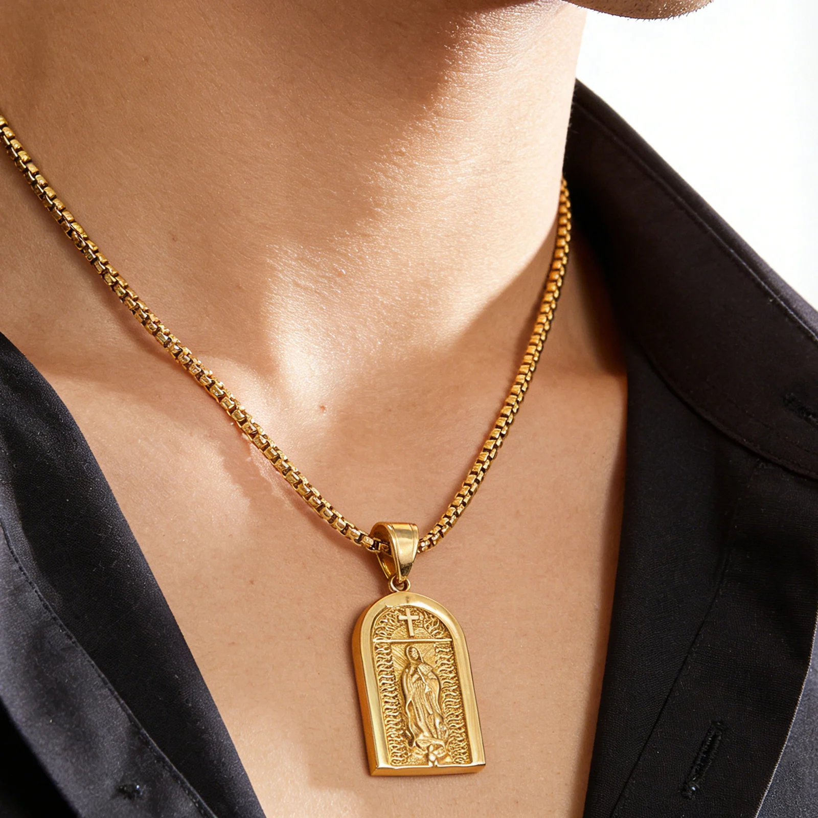 LNCHRAN Men 316L Stainless Steel Gold Plated Arch Shaped Virgin Mary Pendant Necklace Box Chain Religious Vintage Jewelry Gift