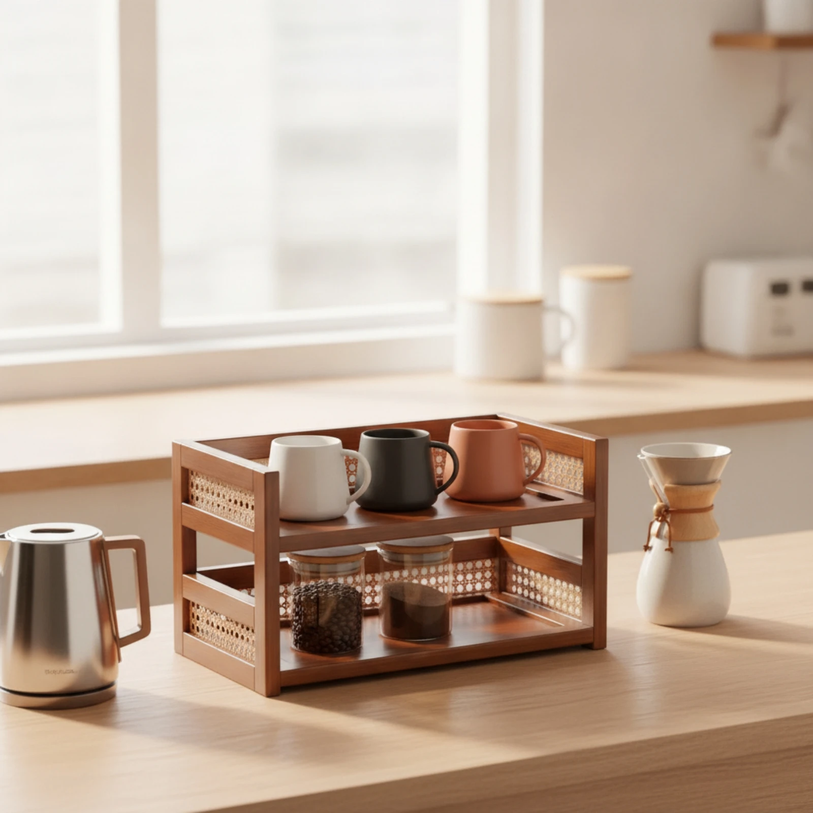2-Tier Storage Rack with Rattan Panels Wood-Tone Desktop Organizer Shelf Two Tier Storage Rack Open-Frame Desktop Organizer