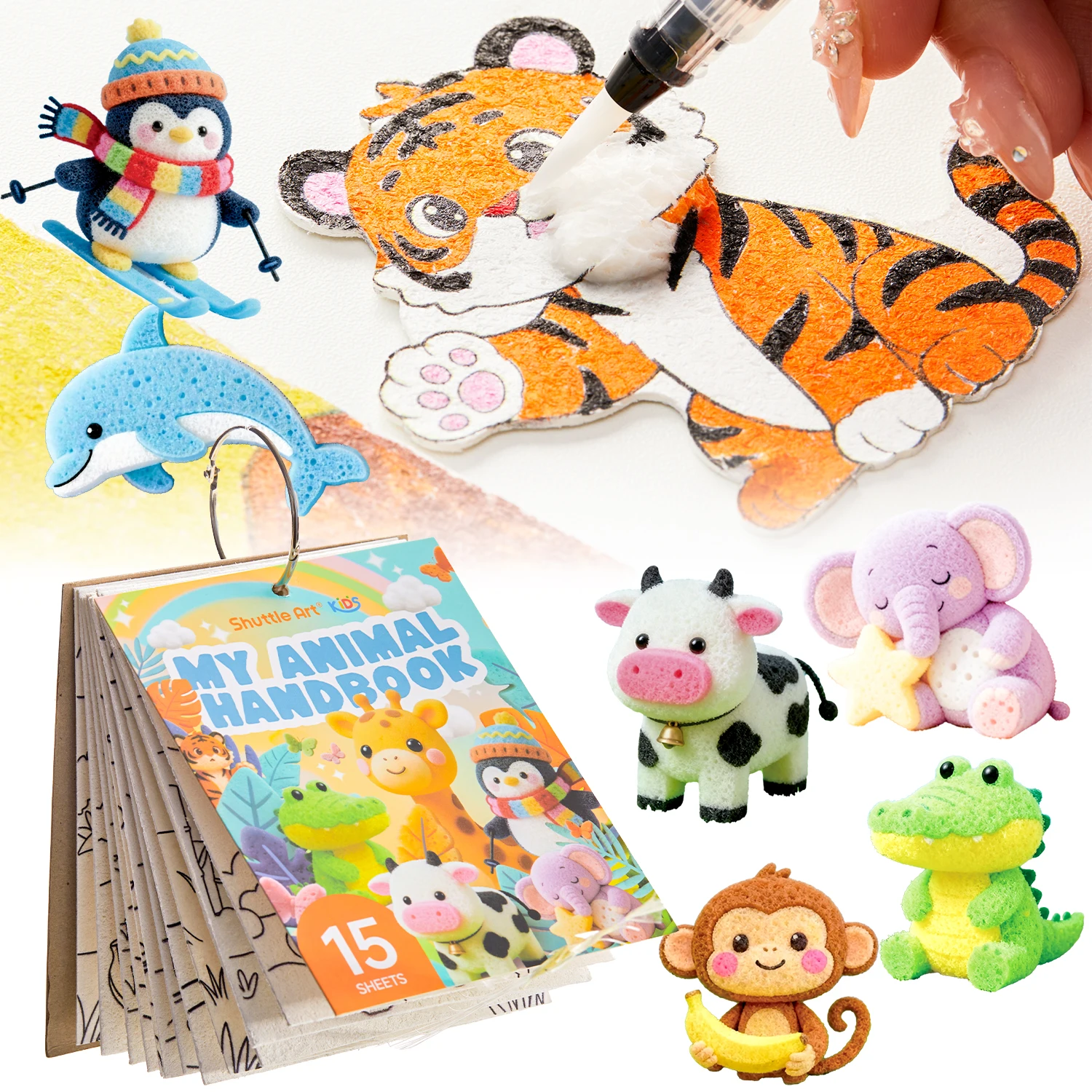 Shuttle Art 63 Pcs Magic Foam Texture Painting Kit Animal Series 15 Animal Foam Pieces, Coloring Book with 15 Scenes, 12 Acrylic Paint Markers, Magical 3D Effect DIY Art Craft for Kids