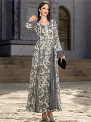 Eid Arab Muslim Party Dress for Women Abaya Pearls Jalabiya Long Dresses V Neck Kaftan Vestidos Largos Dubai Ramadan Gown Robe