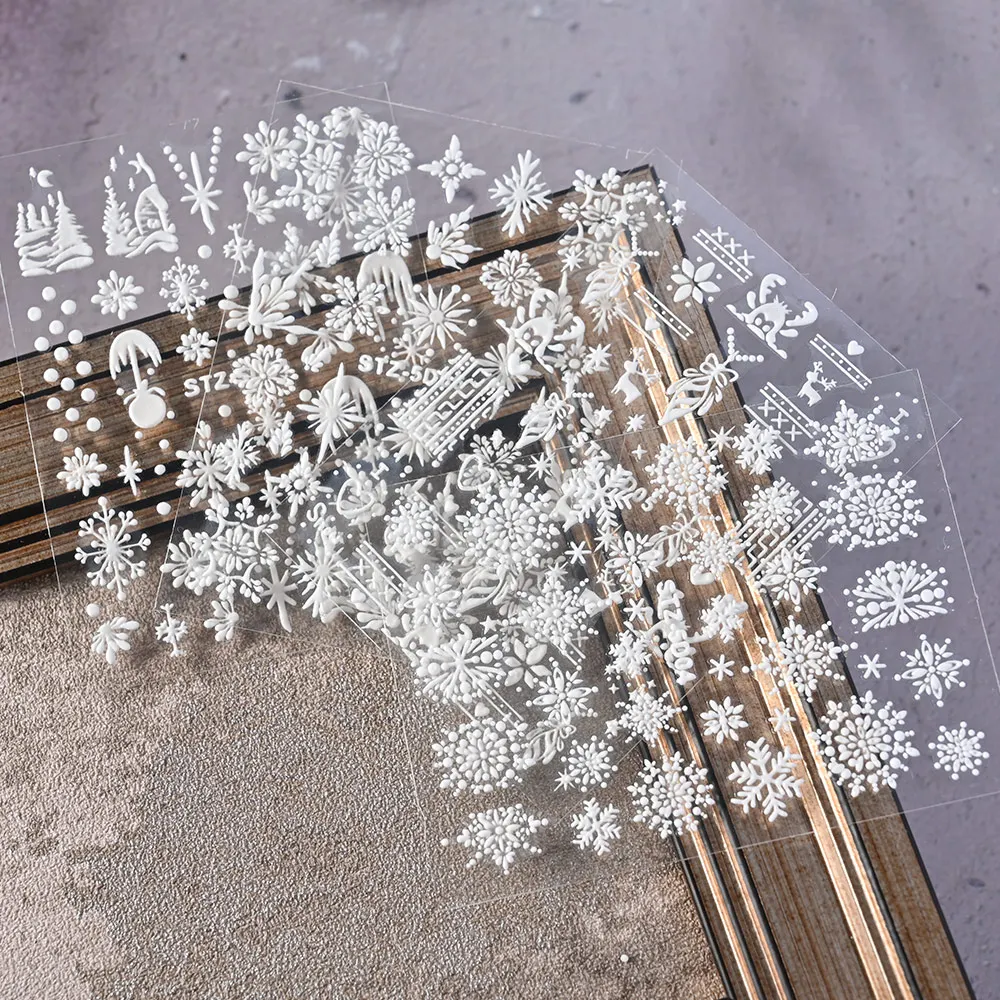 4개입 5D 엠보싱 눈송이 네일 아트 스티커 크리스마스 화이트 눈송이 네일 아트 데칼 DIY 아크릴 꽃 매니큐어 슬라이더 스티커