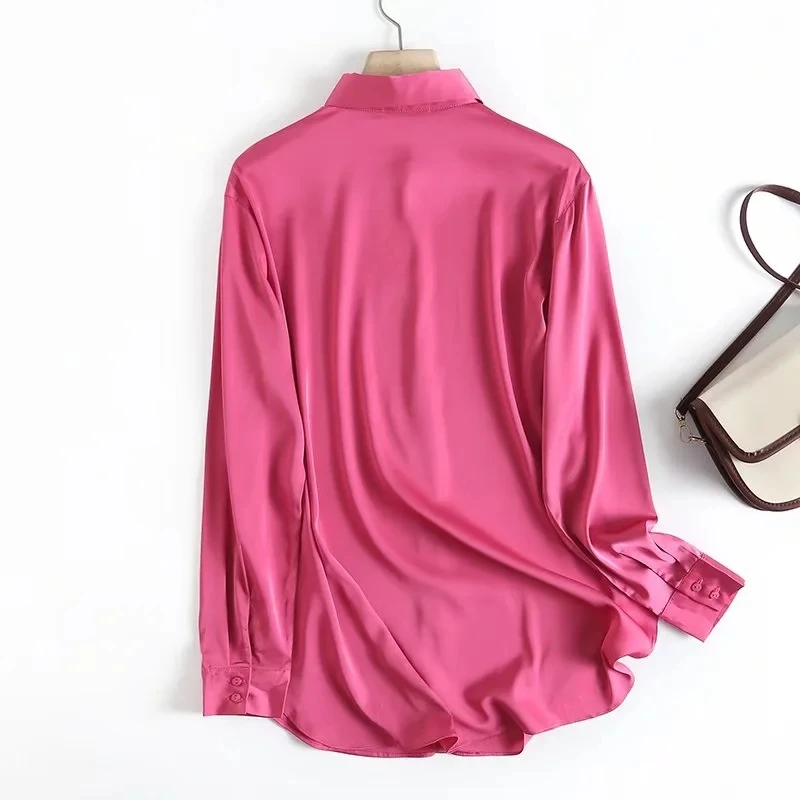 Maxdutti 2023 England Style Office Lady Fashion Blouse Simple Casual Shirt Tops Rose Color Satin Blouse Women