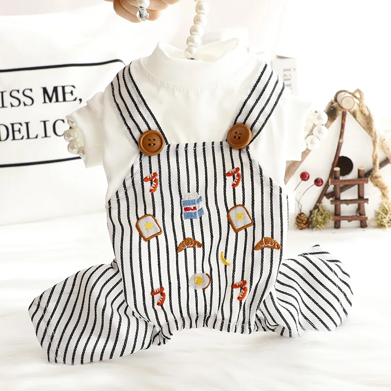 Dog Clothes Summer Thin Striped Embroidered Overall Fake Two Pieces Set White Cotton Jumpsuits Pet Clothing L4422