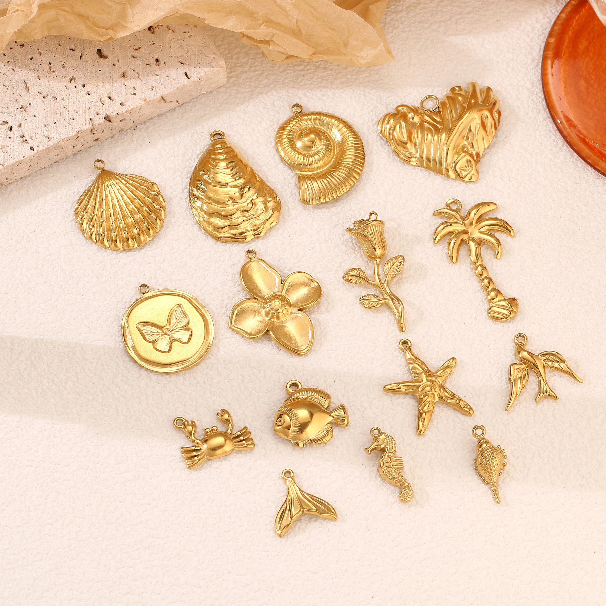 3Pcs Stainless Steel Fish Tail/Shell/Rose/Butterfly Charms Waterproof Gold Color Plated Marine Animal Pendant DIY Jewelry Making - view 5