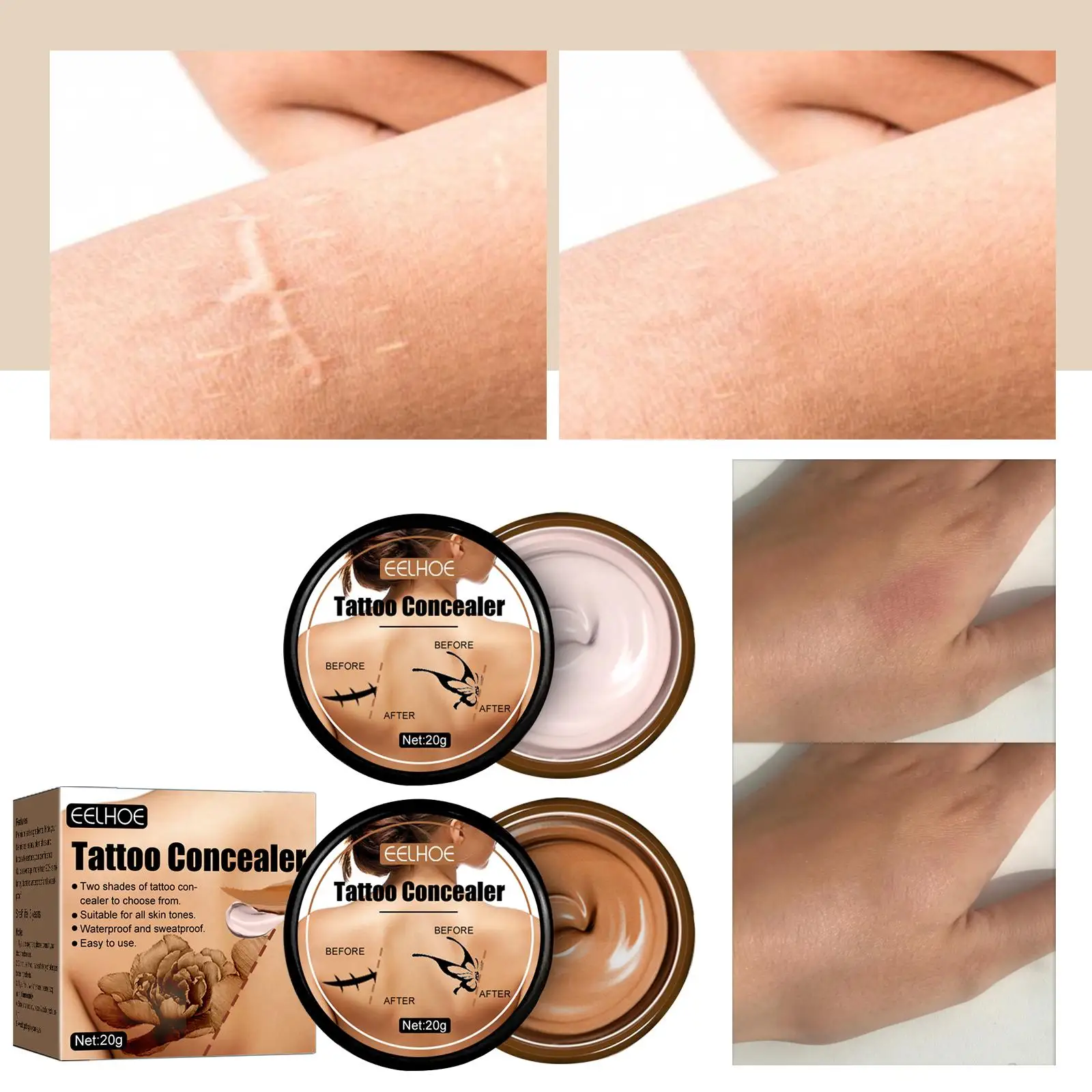 EELHOE Waterproof Tattoo Concealer Cover Scar Makeup Brighten Foundation Cream Freckle Birthmarks Concealer Body Coverage Cream