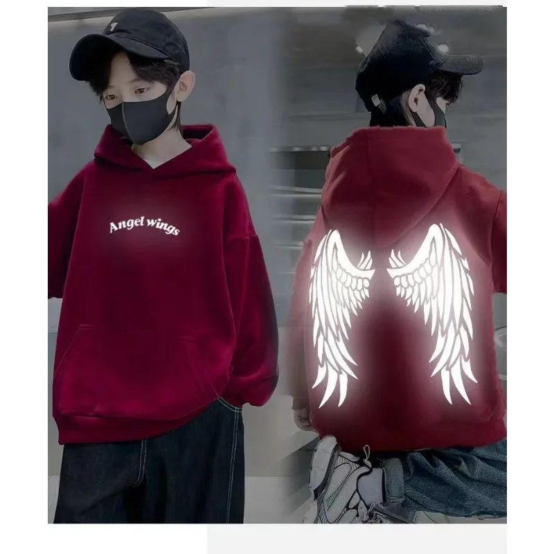 Sudadera con capucha para niños, estampado de alas de Ángel reflectantes, forro polar, jersey juvenil cálido de invierno, ropa deportiva informal para exteriores, Top para adolescentes