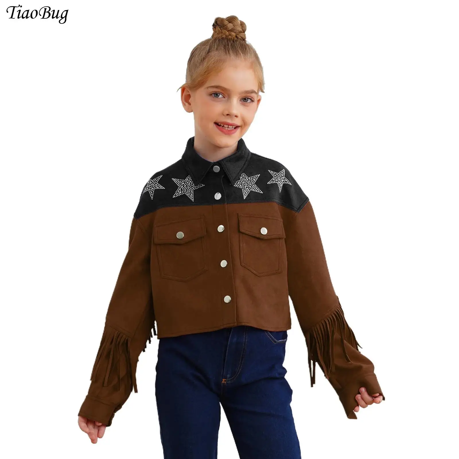 

Girls Boys Western Cowboy Faux Suede Tassels Jacket Coat Spring Autumn Turn-Down Collar Long Sleeve Star Rhinestones Outerwear