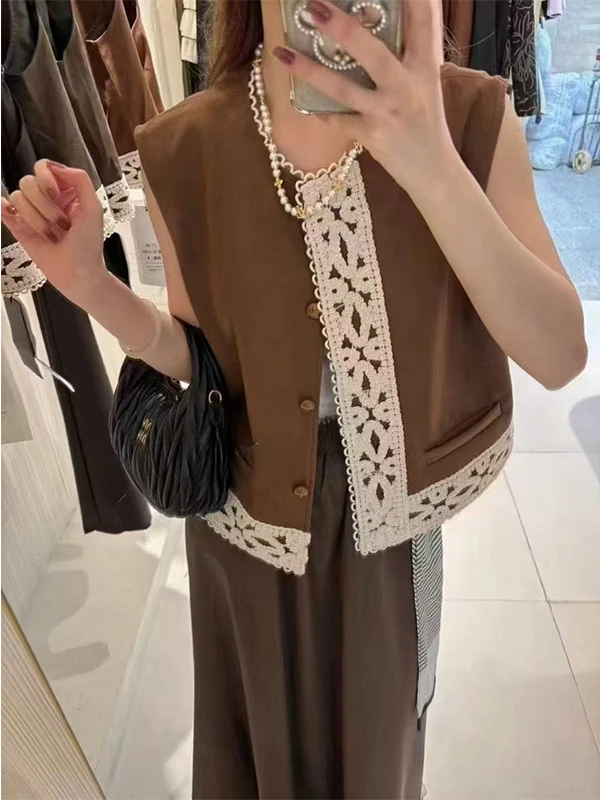 

Fall New Sle Women's Leather Vest Jaet round Ne Svel Lace Splicing Versatile Top Commute Sle Single Button Closure