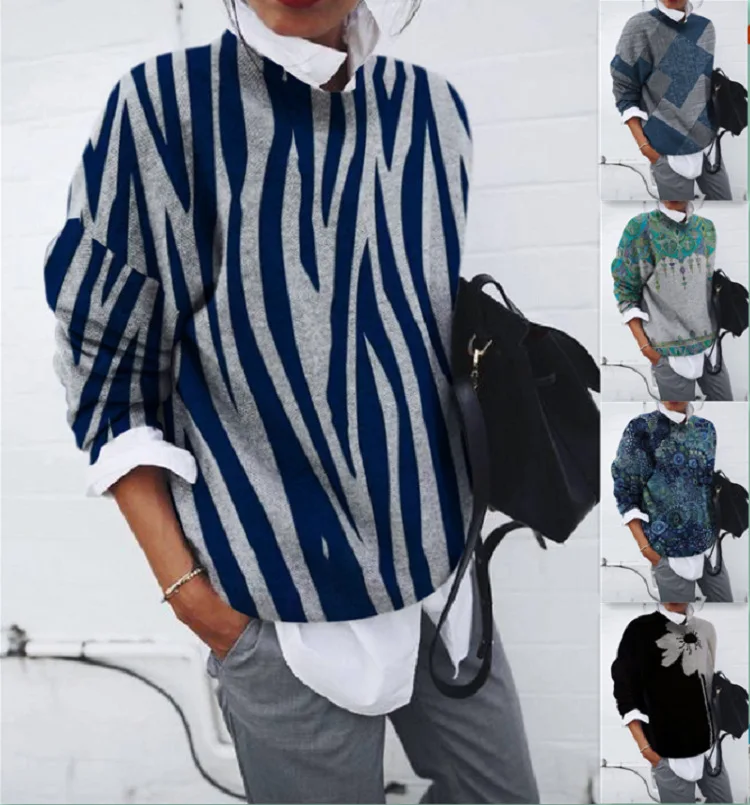 

2025 Women's Fashion Polished Geometric Printing Loose Long-sleeved Sweater Europe and America