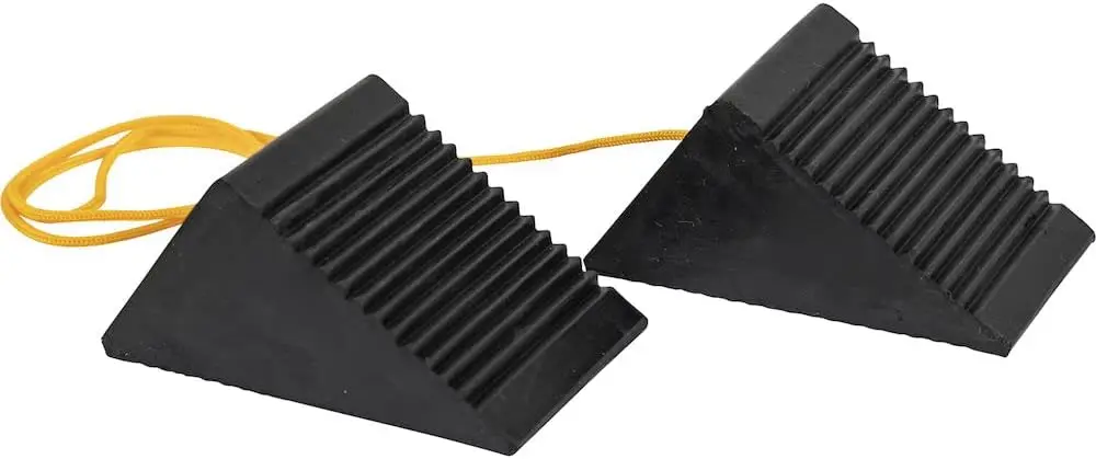 

Mini Rubber Wheel Chock Set, 5x3x2.25 Inches, 36 Inch Nylon Rope, Rust & Chemical Proof for ATVs, Riding Lawnmowers, Scooters