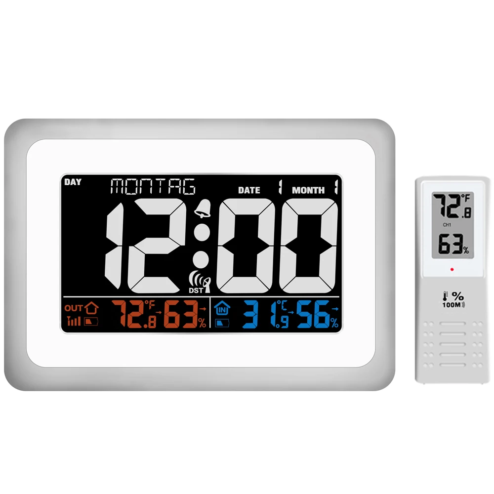 Digital LED Alarm Clock RCC Radio Controlled Wireless Weather Station Indoor Outdoor Temperature Thermometer Humidity Hygrometer