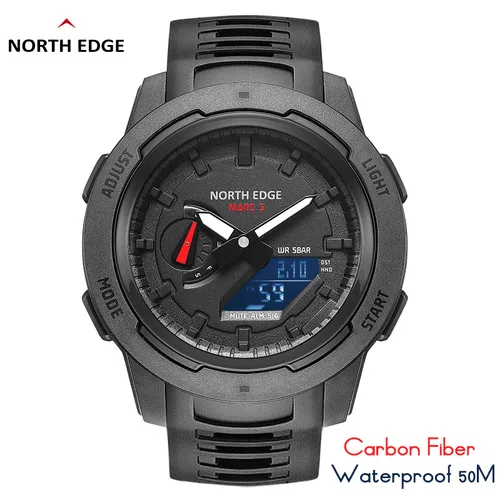 NORTH EDGE Mars 3 reloj militar para hombre caja Digital de fibra de carbono para hombre resistente al agua 50M relojes deportivos reloj de pulsera LED de hora mundial