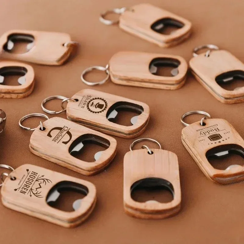 Custom Name Bottle Opener Wooden Keychain for Wedding Laser Engraved Car Logo Vintage Personalized Wood Key Ring Beer Juice Gift