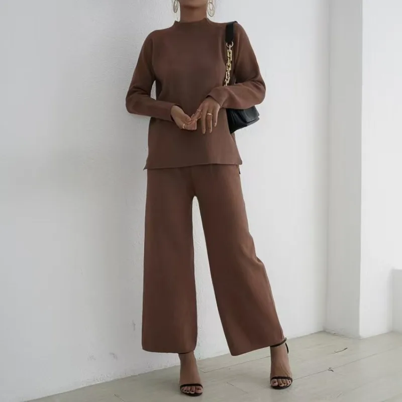 Ensemble 2 Pièces Haut de Gamme pour Femme, Pull à Manches sulfet Pantalon à Jambes Larges, Tenue Décontractée, Couleur Unie, Nouvelle Collection