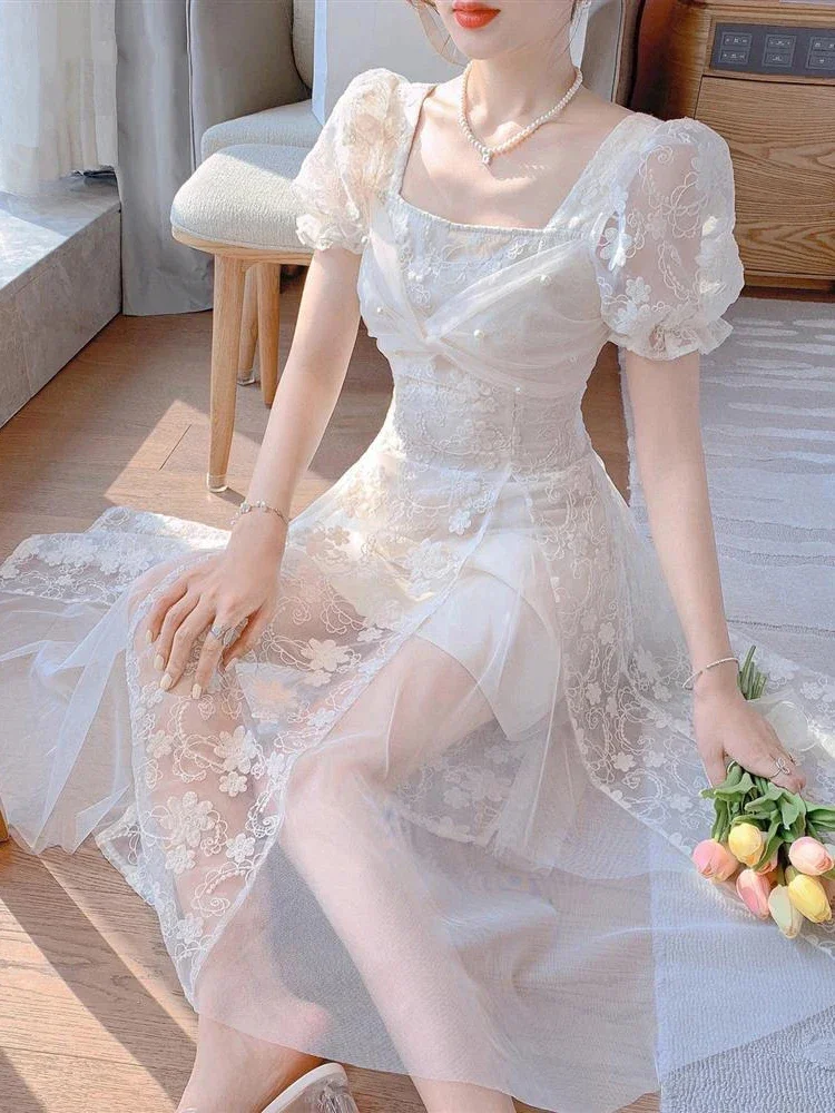 Vintage Style Women's Short Sleeves Summer Evening Dress with Elegant Floral Sweet Korean Fashion Short Sleeves Dresses