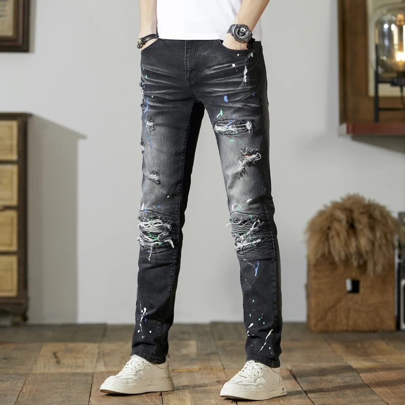 Ripped cool jeans men's black retro fashion fashion brand Slim casual stretch paint printed motorcycle trousers
