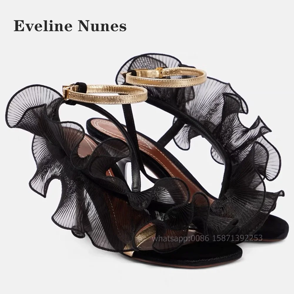 

Ruffles Lace Straight Strap Sandals Open Toe Stiletto Mixed Colors Splicing Women High Heels Side Air Slingback Sexy Shoes Party