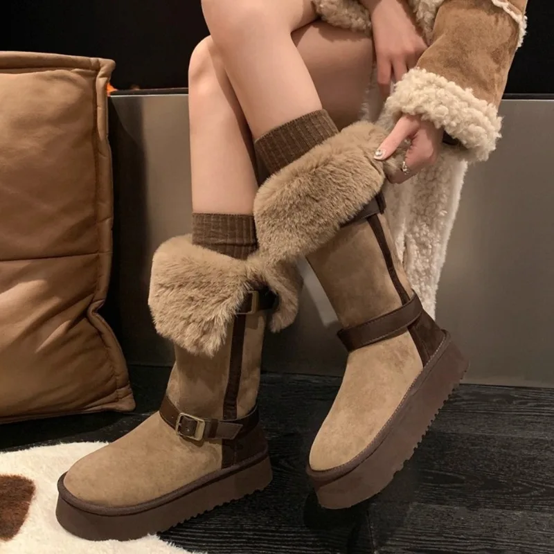 

Зимние ботинки на платформе контрастного цвета, новые зимние ботинки из замши с круглым носком и пряжкой, утепленная теплая хлопковая обувь