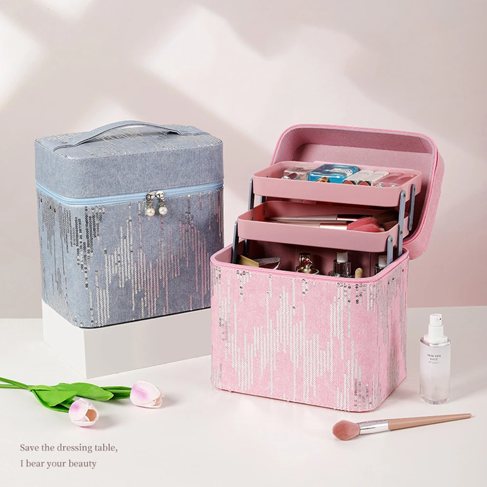 Denim Embroidery Sequin Large Capacity Makeup Box for Women Multi Functional PU Travel Cosmetics Skincare Storage Makeup Bag