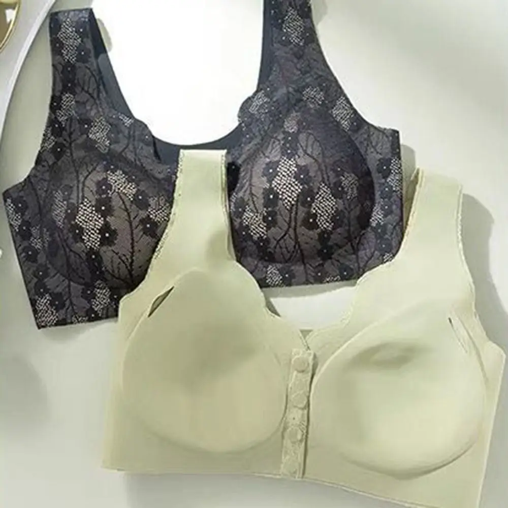 Senza anello in acciaio Intimo sexy in pizzo Reggiseno sottile e confortevole con canotta Plus Size Reggiseni in cotone con bottoni chiusi frontali senza fili per anziani