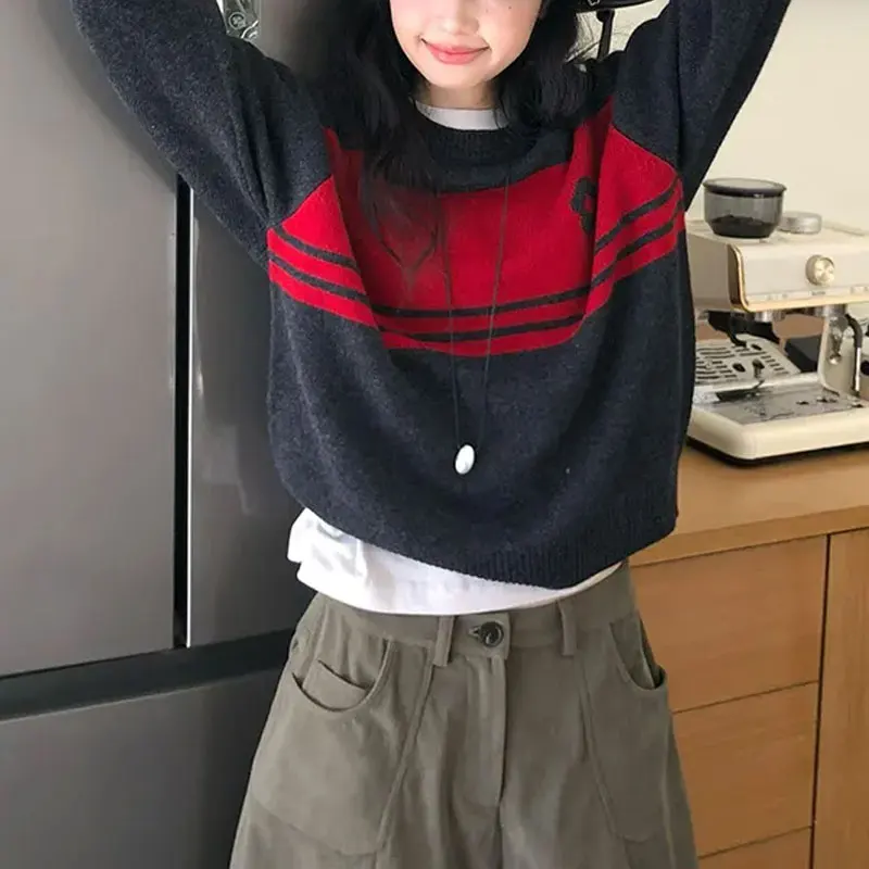 Chandails en tissage Jacquard à la mode, couleurs contrastées, vêtements épissés pour femmes, col rond, pulls tricotés amples, automne hiver