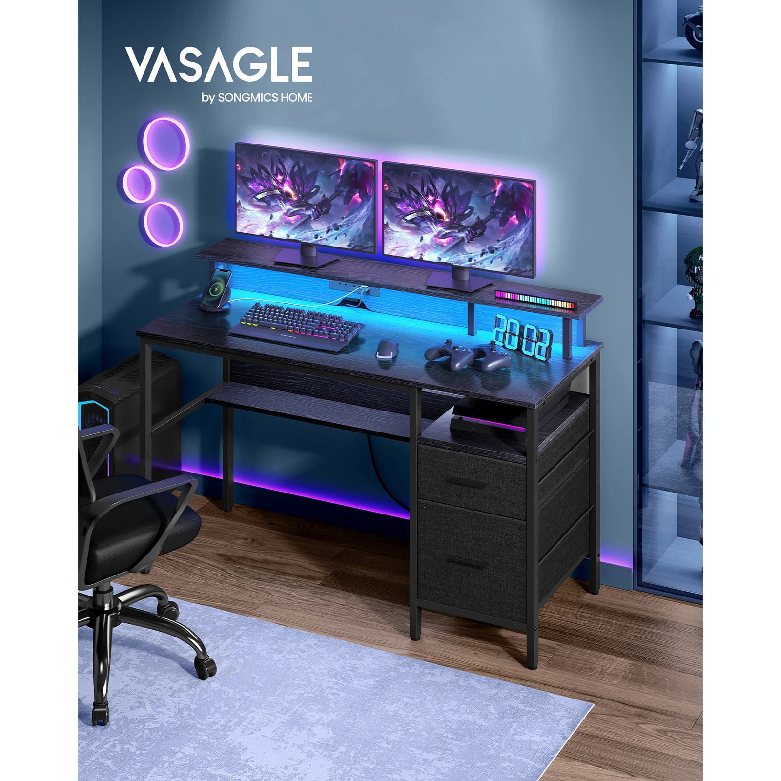 VASAGLE Gaming Desk with LED Lights and Built-In Power Outlets, Computer Desk with Monitor Shelf, 2 Fabric Drawers, 2 USB Ports