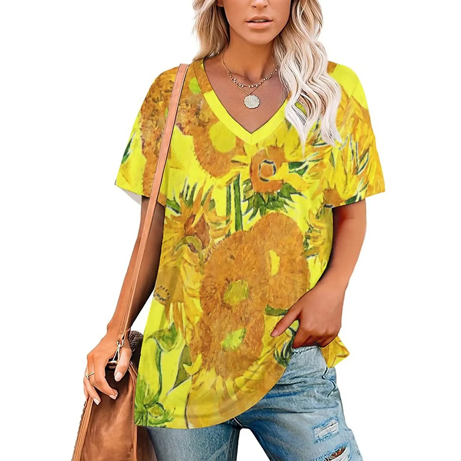 Van Gogh T-Shirts Oil Painting 3D Print Women Short Sleeve T Shirt V-Neck Streetwear Oversized Harajuku Female Tees Top Clothing