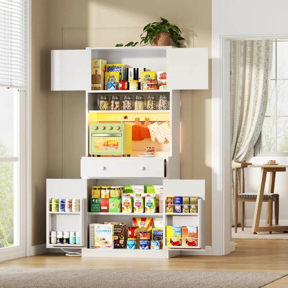 Pantrykast met stopcontact LED-licht, 71 keukenopbergkast met 4 deuren, kast met magnetronstandaard, kast met D