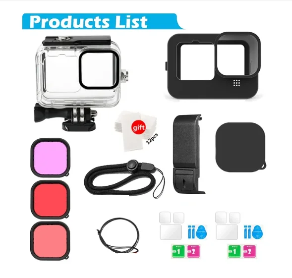 Waterproof Housing Silicone Sleeve Case Battery Side Cover Filter for GoPro Hero 12 11 10 9 Action Camera Go pro Accessories Kit