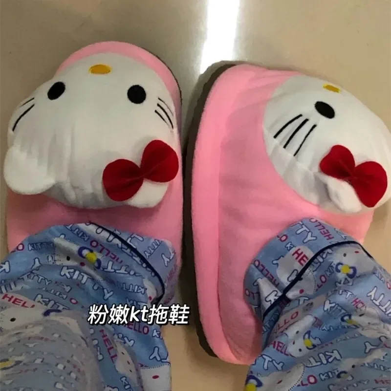 Kawaii hallo kitty baumwoll pantoffeln anime sanrio süßes mädchen zu hause warm halten gehören absatz baumwoll schuhe rutsch feste plüsch pantoffeln